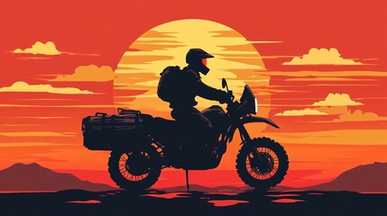 2410_012.motorcycle rider against orange sun, adventure touring motorcycle, dramatic black silhouette, flat vector art style, helmeted rider pose, detailed bike luggage cases, simple cloud lines,