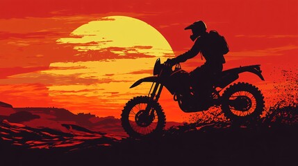 2410_013.off road motorcycle artwork, large setting sun background, bold black rider silhouette, professional vector illustration, side profile motorcycle, adventure bike details, minimalist