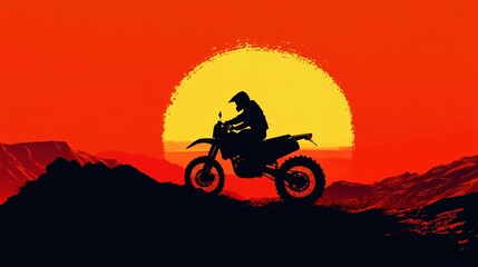 Fototapeta premium 2410_013.off road motorcycle artwork, large setting sun background, bold black rider silhouette, professional vector illustration, side profile motorcycle, adventure bike details, minimalist