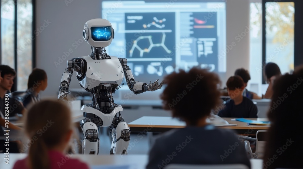 Poster a robotic teacher conducting interactive language lessons in a multicultural classroom of the future