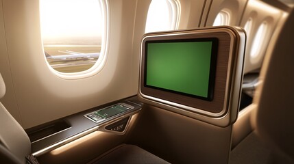 2410_249.airplane seat back with a built-in entertainment screen, displaying a green blank screen a nearby window showcases an outdoor view with a runway in sight the cabin is well-lit, with the soft
