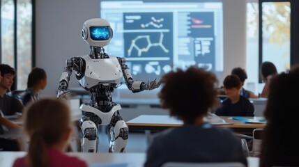 A robotic teacher conducting interactive language lessons in a multicultural classroom of the future, educational and diverse setting with holographic language learning aids and student diversity