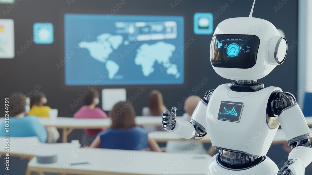 Poster A robotic teacher conducting interactive lessons in a virtual classroom for students around the globe, educational and global setting with virtual classroom technology and diverse student profiles