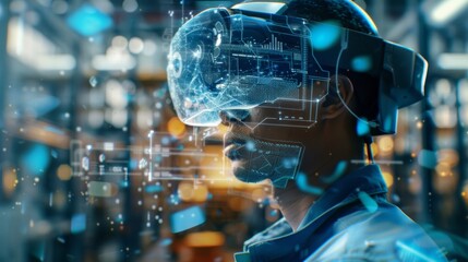 Professional engineer wearing vr headset is working with futuristic interface in augmented reality, exploring industrial environment and interacting with holographic data