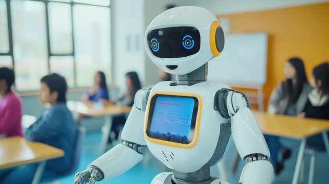 A robotic teacher conducting interactive lessons in a virtual classroom for students around the globe, educational and global setting with virtual classroom technology and diverse student profiles