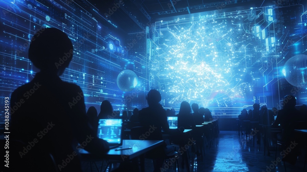 Poster students are learning programming and software development in a futuristic classroom. illuminated by