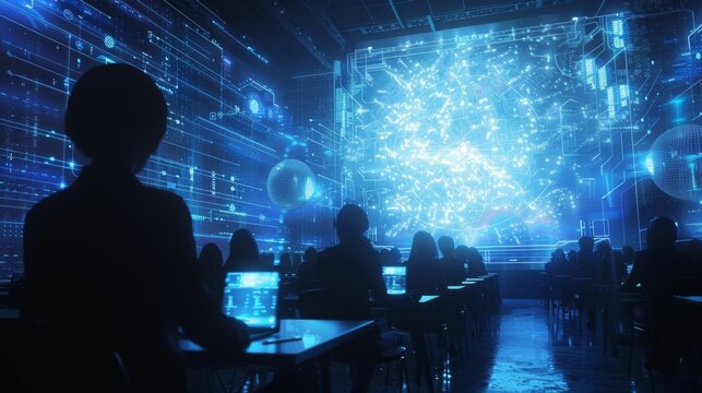 Students are learning programming and software development in a futuristic classroom. Illuminated by holographic projections of data and code. Representing the cutting edge of technological education