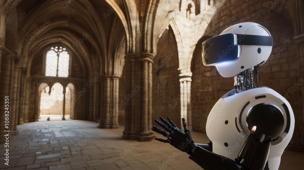 Poster a robotic teacher conducting virtual reality history lessons in a medieval castle, educational and h