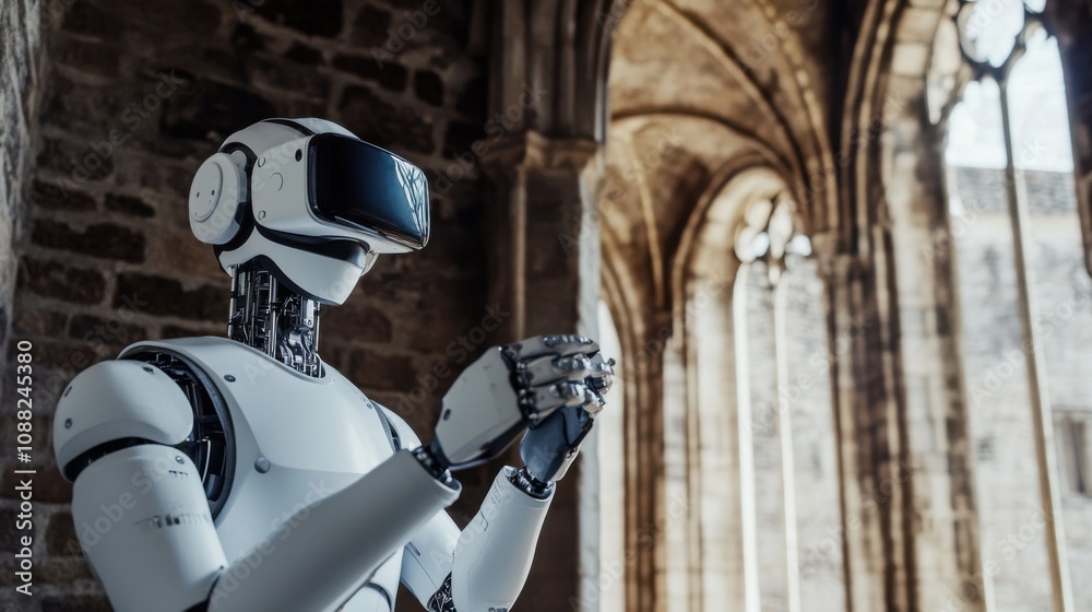 Aufkleber a robotic teacher conducting virtual reality history lessons in a medieval castle, educational and h