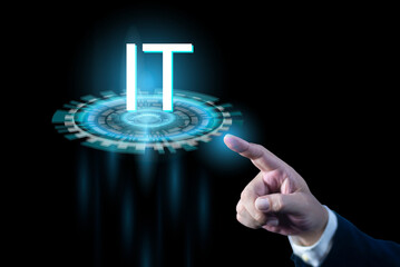 IT consultant presenting tag cloud about information technology. Tech icons illustration. Futuristic background. Businessman pointing Icon IT.