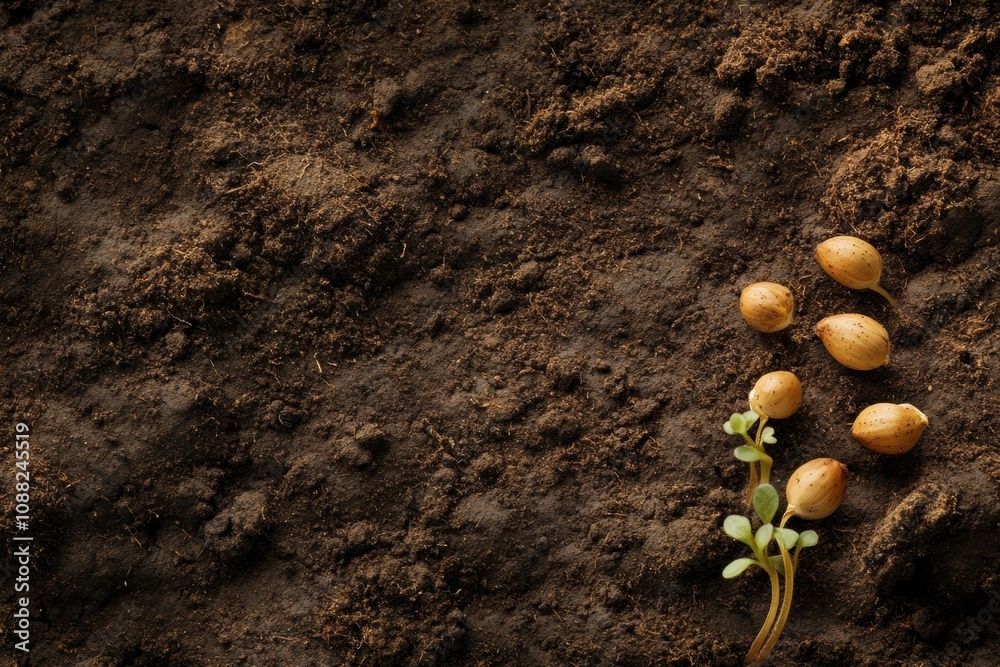Poster seeds and fresh green sprouts lie gently on a dark soil surface, highlighting the early stages of pl