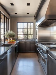 Modern Kitchen Design With Stainless Steel Appliances And Dark Cabinets