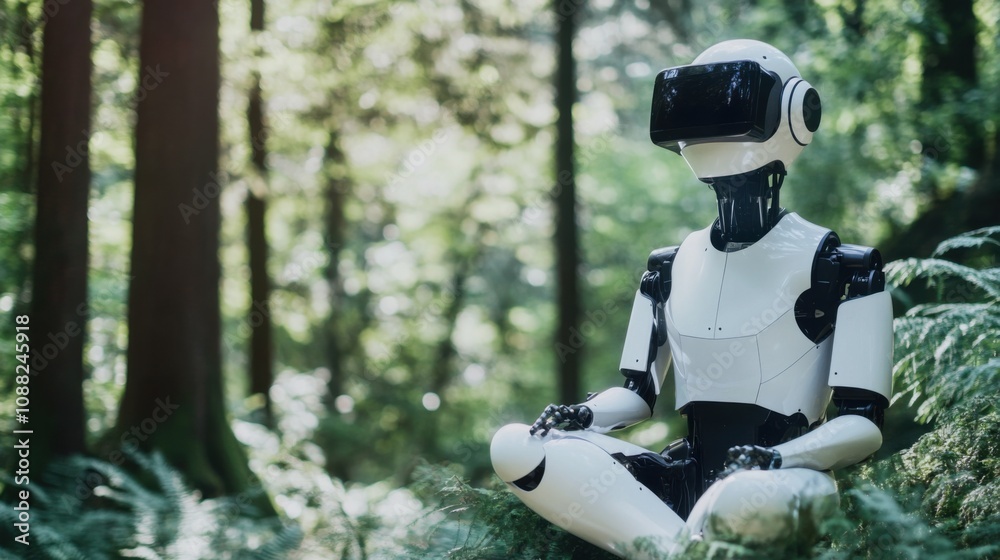 Poster a robotic therapist conducting virtual reality sessions for patients in a tranquil forest setting, t