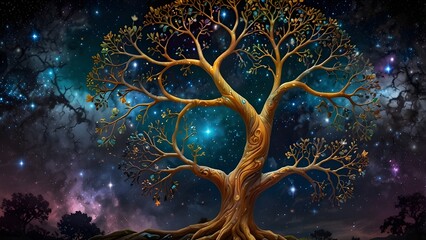 A monumental Tree of Life soars skyward, its gnarled and sprawling branches seamlessly fusing with the cosmic expanse of glittering constellations, swirling nebulae, and luminous galaxies. The scene g