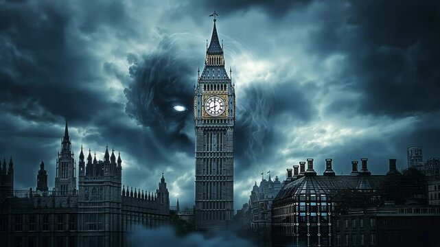 Gothic clocktower cityscape beneath turbulent storm clouds. Massive ethereal wraith face emerges from swirling temporal vortex. 
