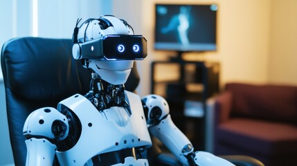 A robotic therapist conducting virtual reality therapy sessions for PTSD patients, therapeutic and supportive setting with VR headsets and calming environments, PTSD Therapy Robotics style