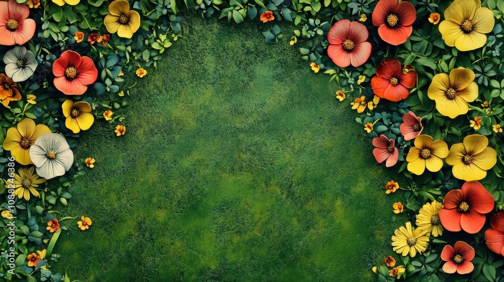 Aufkleber a lively display of colorful flowers flourishes in a lush green meadow, creating a cheerful spring a