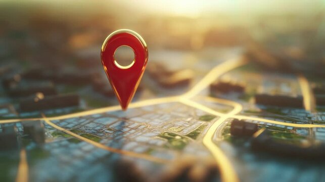 3D red location pin on a city map close up video footage.