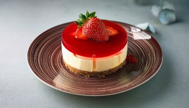 Cold cheesecake with strawberry and strawberry jelly.