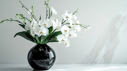 Fototapeta premium A black vase filled with orchids and lilies placed on a marble countertop, framed by clean, minimalist decor.