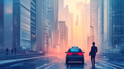 2410_167.autonomous vehicle on city street, ai-operated taxi, corporate passenger in suit, towering buildings, misty atmosphere, muted color palette, flat graphic design