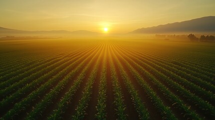 A serene sunrise over a misty field, with rows of crops stretching toward the horizon under a golden sky.