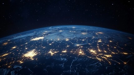 Obraz premium 2410_276.night view of earth from space, glowing city lights on the dark surface, illuminated pathways of digital communication circling the globe, lines of connection representing global data flow,