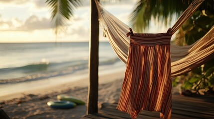 A casual striped dress hangs on a hammock near a beachside porch, the soft lighting and ocean view leaving room for text