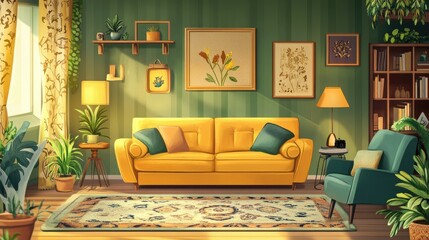 A charming illustrated living room with cozy furniture, decorative rug, and soft lighting