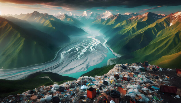 Green earthA polluted mountain landscape with waste piling up in the valley and toxic chemicals seeping into n4