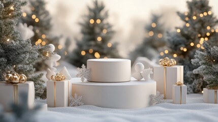 Serene Winter Wonderland Scene with Snow-Covered Trees, Golden Decorations, and a White Pedestal for Festive Product Display in a Dreamy Atmosphere