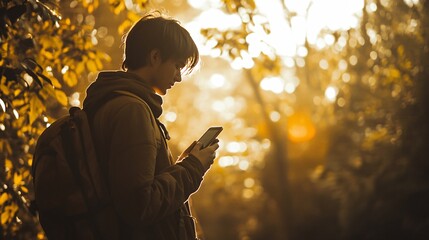 2410_205.pensive wanderer in outdoor setting, talking to smart device, backpack strap visible, warm sepia tones, bokeh effect on background foliage, influencer content creation vibe
