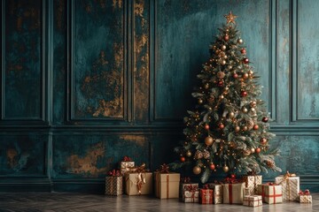 Decorated Christmas Tree With Presents Against Teal Wall