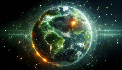 Obraz premium Green earthA dynamic digital representation of Earth as a glowing green planet with digital lines connecting t3
