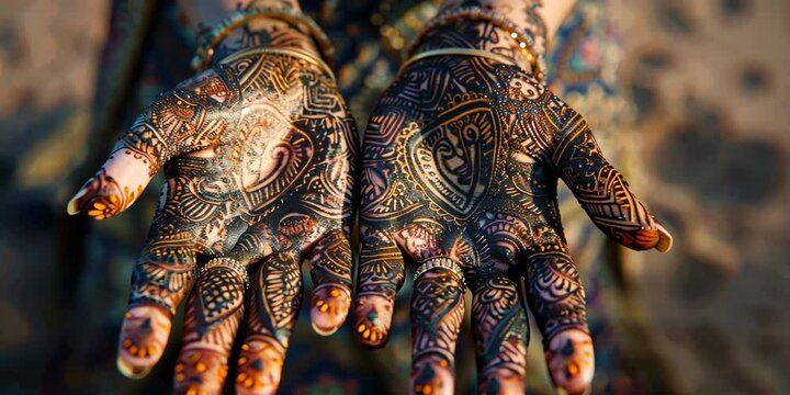 Intricate henna designs on hands and feet, 4K . Video