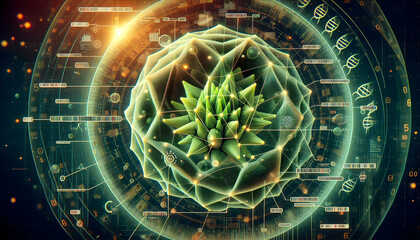 Green earthA 3D low-poly polygon HUD of a plant cell structure, showing genome details in triangle points, sym1