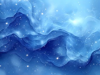 Naklejka premium A mesmerizing abstract depiction of swirling blue waves, illuminated by twinkling stars, creating a serene and dreamy cosmic atmosphere.