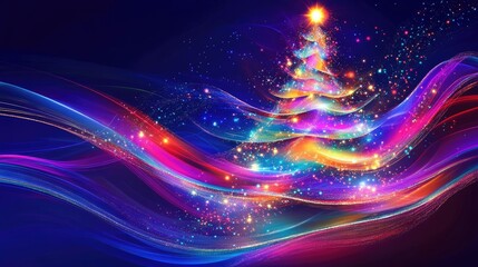 Bright and cheerful abstract Christmas tree with colorful decorations and sparkling lights, perfect for seasonal projects.