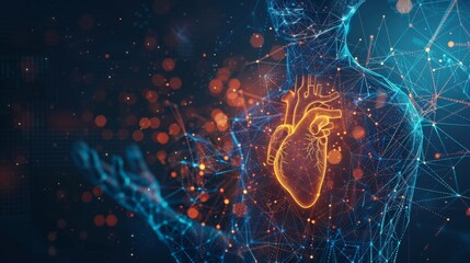 Fototapeta premium Advanced medical technology visualizes the inner workings of a human body, highlighting a vibrant, glowing heart and intricate network of veins and arteries