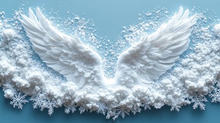 Fototapeta premium Ethereal white wings amidst snowflakes on a blue background.