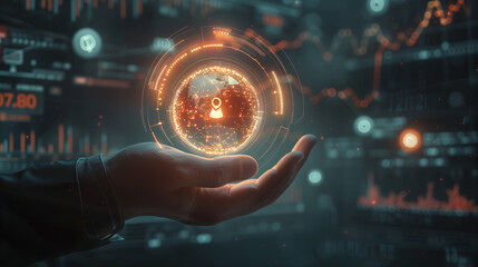 Hand holding glowing digital sphere with lock, representing secure technology