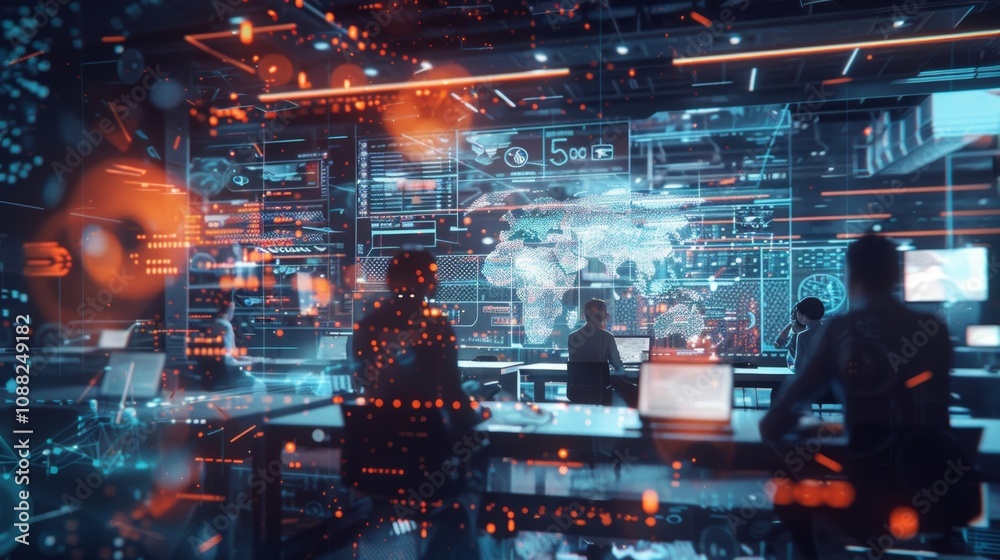 Poster software engineers and developers are working in a modern monitoring office with a global map displa