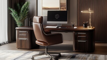 Workspace with dark wood desk, leather chair, desk organizer, and high-end desktop setup 