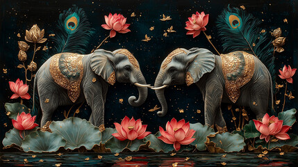 Serene Elephants Lotus Embrace 