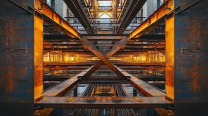 Fototapeta premium Intricate View of Industrial Construction Framework with Steel Beams and Warm Lighting, Capturing the Essence of Urban Architecture in an Aesthetic Perspective