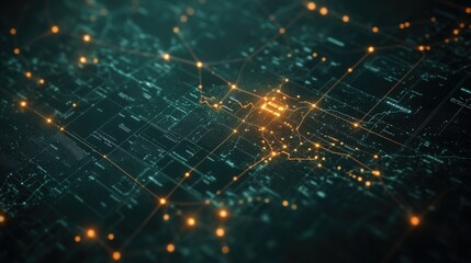 Obraz premium Abstract Digital City Map with Bright Connections and Glowing Nodes Representing Modern Urban Networking and Data Flow in Technology and Communication