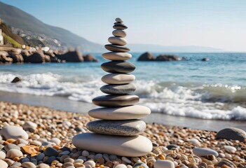 Fototapeta premium A stack of smooth stones on a sandy beach at sunset, with the sea and orange sky in the background