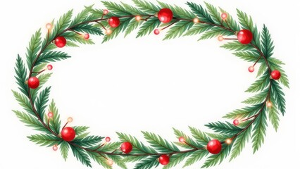 Christmas wreath in oval shape made from evergreen branches, decorated with red ornaments, berries and glowing string lights on white background. Perfect holiday and seasonal decor, space for text.