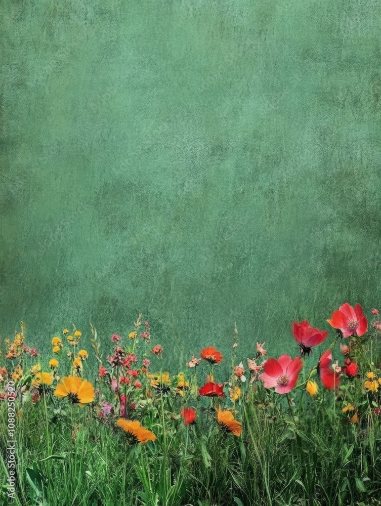 Poster A vibrant display of assorted wildflowers fills the meadow, creating a picturesque view in a tranquil, sunny environment. Generative AI