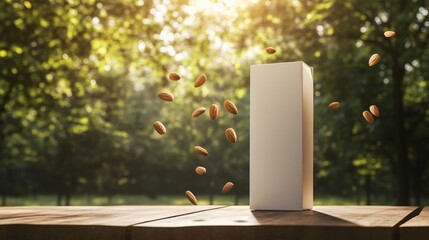 3D Mockup Minimalistic Almond Packaging with Flying Nuts in a Natural Setting Featuring Soft Lighting and Greenery, Perfect for Healthy Snack Promotion and Product Display
